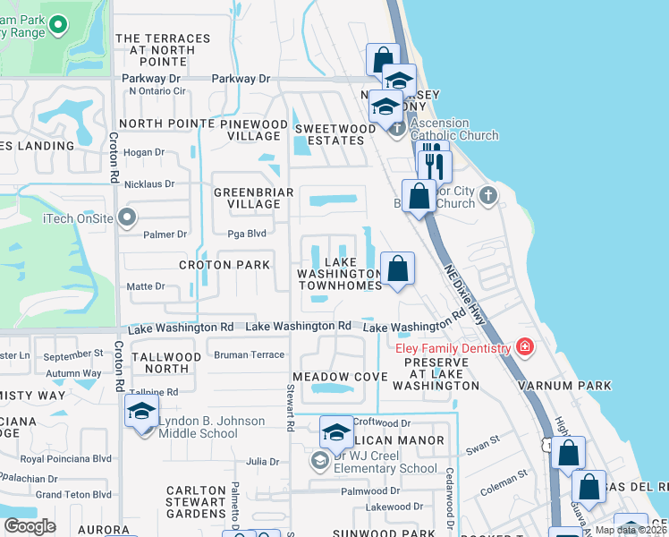 map of restaurants, bars, coffee shops, grocery stores, and more near 2775 Reston Street in Melbourne