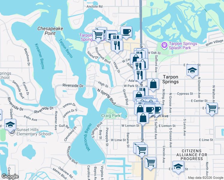map of restaurants, bars, coffee shops, grocery stores, and more near 160 Read Street in Tarpon Springs