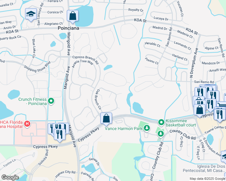 map of restaurants, bars, coffee shops, grocery stores, and more near 542 Oak Branch Circle in Kissimmee