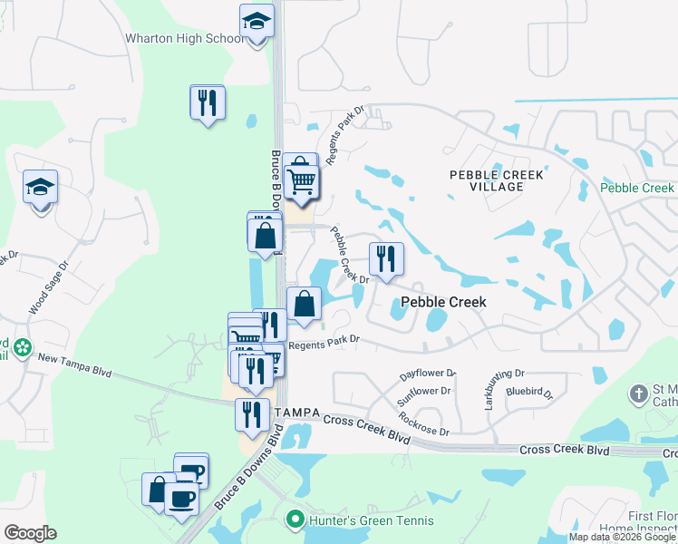 map of restaurants, bars, coffee shops, grocery stores, and more near 18528 Pebble Lake Court in Tampa
