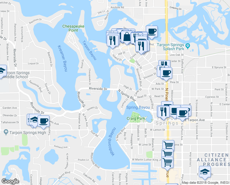 map of restaurants, bars, coffee shops, grocery stores, and more near 13 Venetian Court in Tarpon Springs