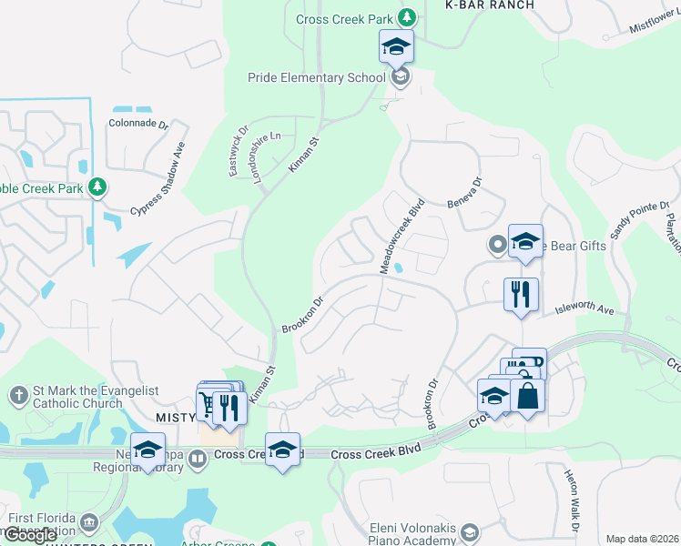 map of restaurants, bars, coffee shops, grocery stores, and more near 10205 Goldenbrook Way in Tampa