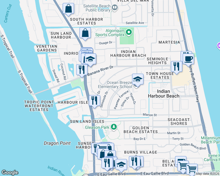 map of restaurants, bars, coffee shops, grocery stores, and more near 1200 Seminole Drive in Indian Harbour Beach