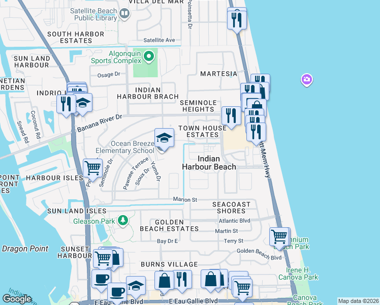 map of restaurants, bars, coffee shops, grocery stores, and more near 1055 Cheyenne Boulevard in Satellite Beach