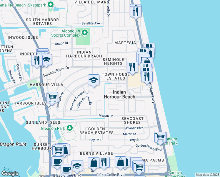 map of restaurants, bars, coffee shops, grocery stores, and more near 1055 Cheyenne Boulevard in Satellite Beach