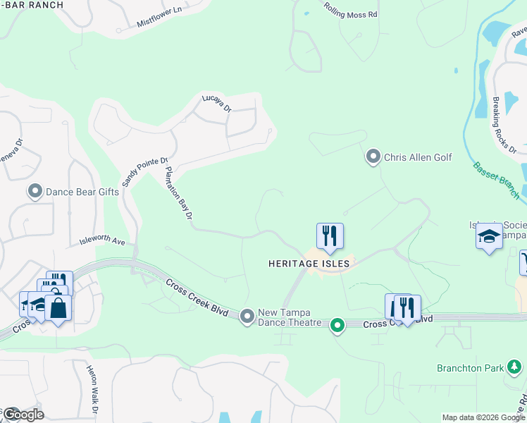 map of restaurants, bars, coffee shops, grocery stores, and more near 18113 Bahama Bay Drive in Tampa
