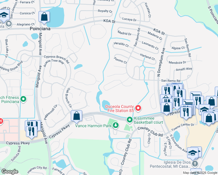 map of restaurants, bars, coffee shops, grocery stores, and more near 633 Regency Way in Kissimmee