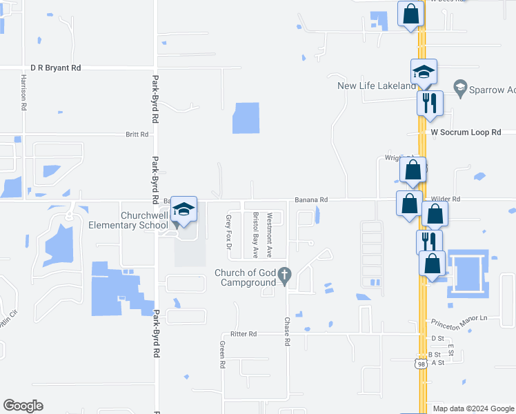 map of restaurants, bars, coffee shops, grocery stores, and more near 1842 Grey Fox Drive in Lakeland
