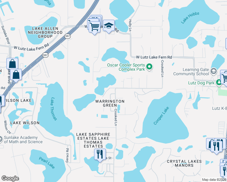 map of restaurants, bars, coffee shops, grocery stores, and more near 18714 Planners Way in Lutz