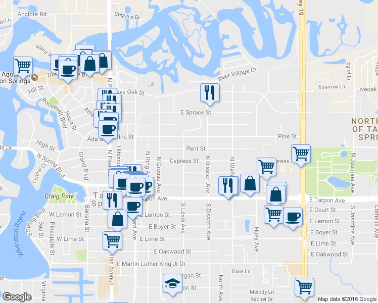 map of restaurants, bars, coffee shops, grocery stores, and more near 516 Pent Street in Tarpon Springs