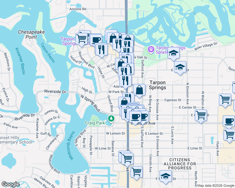map of restaurants, bars, coffee shops, grocery stores, and more near 45 Ada Street in Tarpon Springs