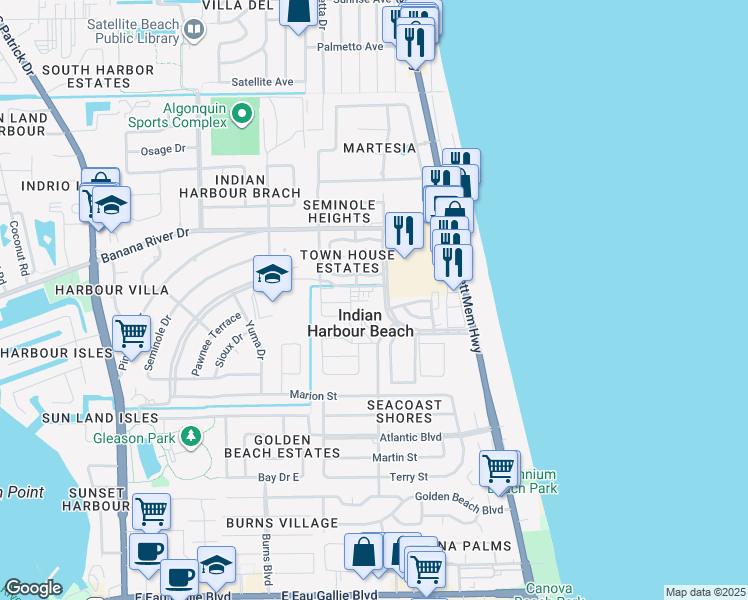 map of restaurants, bars, coffee shops, grocery stores, and more near 320 Palm Springs Boulevard in Indian Harbour Beach
