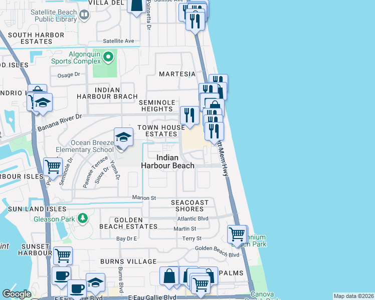 map of restaurants, bars, coffee shops, grocery stores, and more near 129 Lancha Circle in Indian Harbour Beach