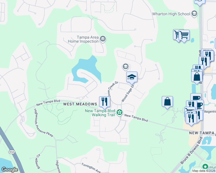 map of restaurants, bars, coffee shops, grocery stores, and more near 19129 Timber Reach Road in Tampa