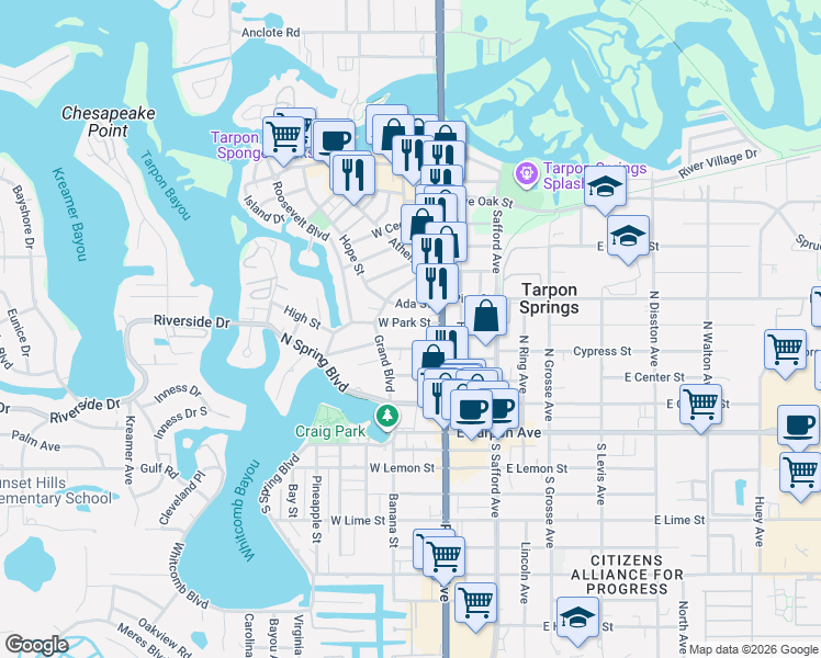 map of restaurants, bars, coffee shops, grocery stores, and more near 45 Ada Street in Tarpon Springs