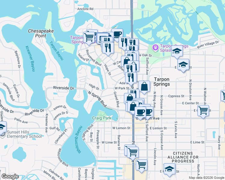 map of restaurants, bars, coffee shops, grocery stores, and more near 415 Grand Boulevard in Tarpon Springs