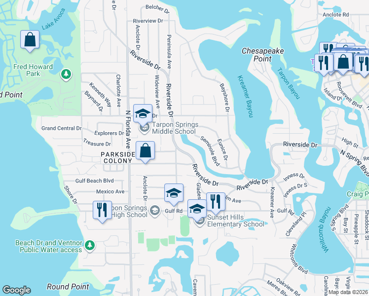 map of restaurants, bars, coffee shops, grocery stores, and more near 880 Seminole Boulevard in Tarpon Springs