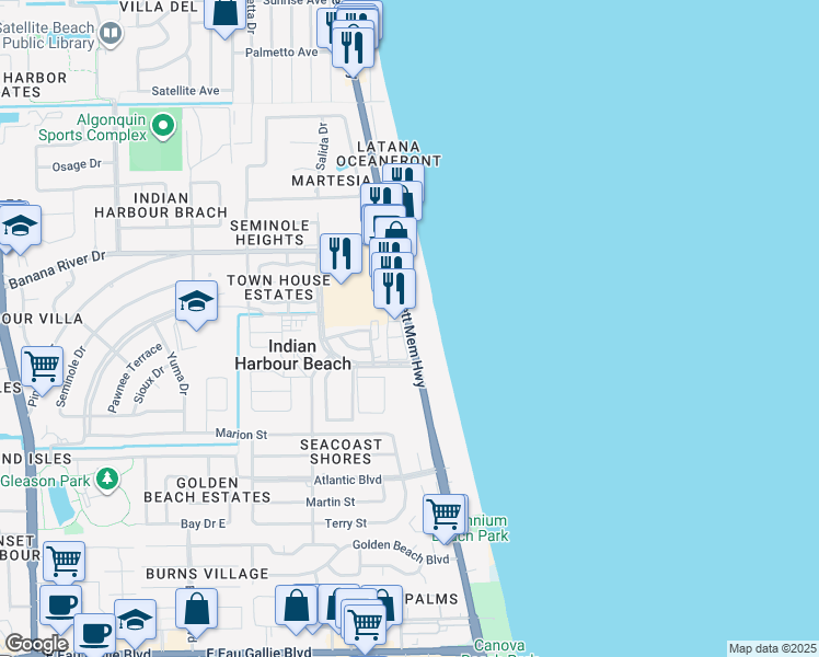 map of restaurants, bars, coffee shops, grocery stores, and more near 1971 Highway A1A in Indian Harbour Beach