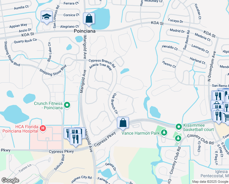 map of restaurants, bars, coffee shops, grocery stores, and more near 562 Oak Branch Circle in Kissimmee