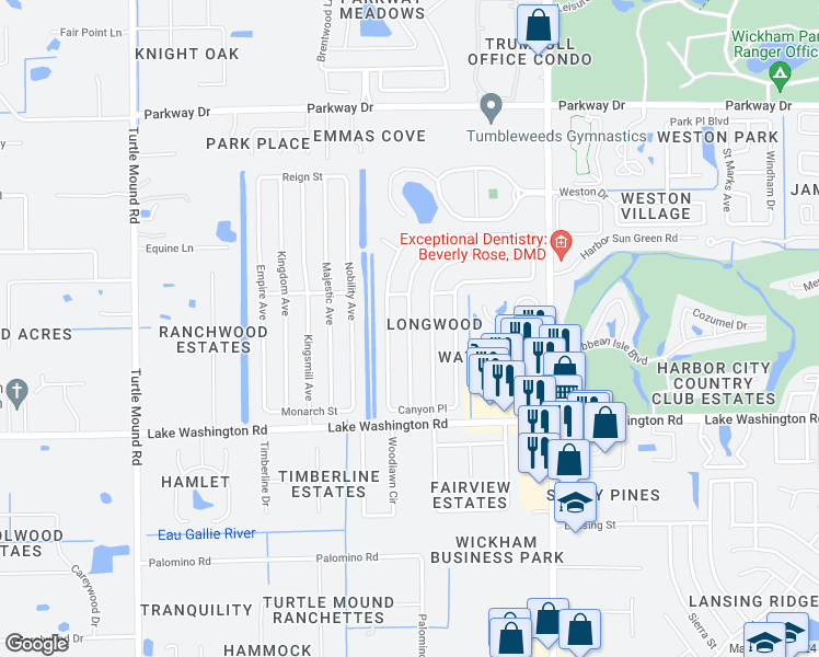 map of restaurants, bars, coffee shops, grocery stores, and more near 2625 Woodsmill Drive in Melbourne