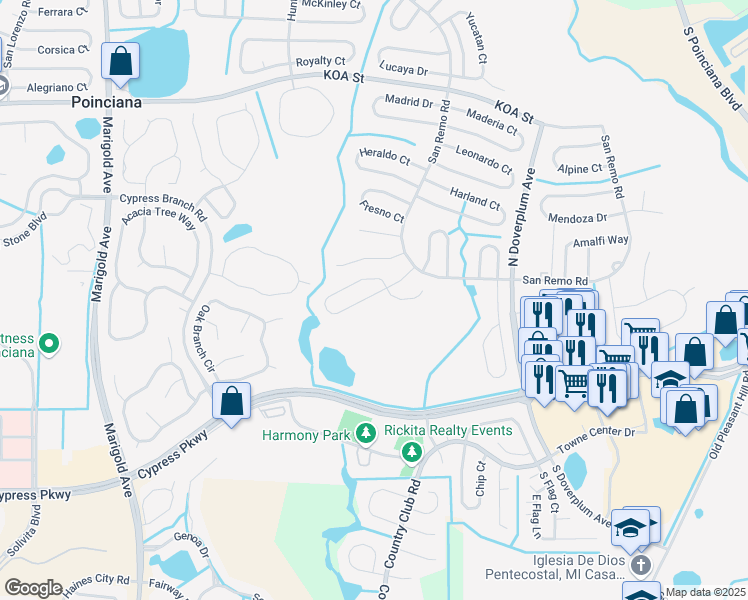 map of restaurants, bars, coffee shops, grocery stores, and more near 616 Regency Way in Kissimmee
