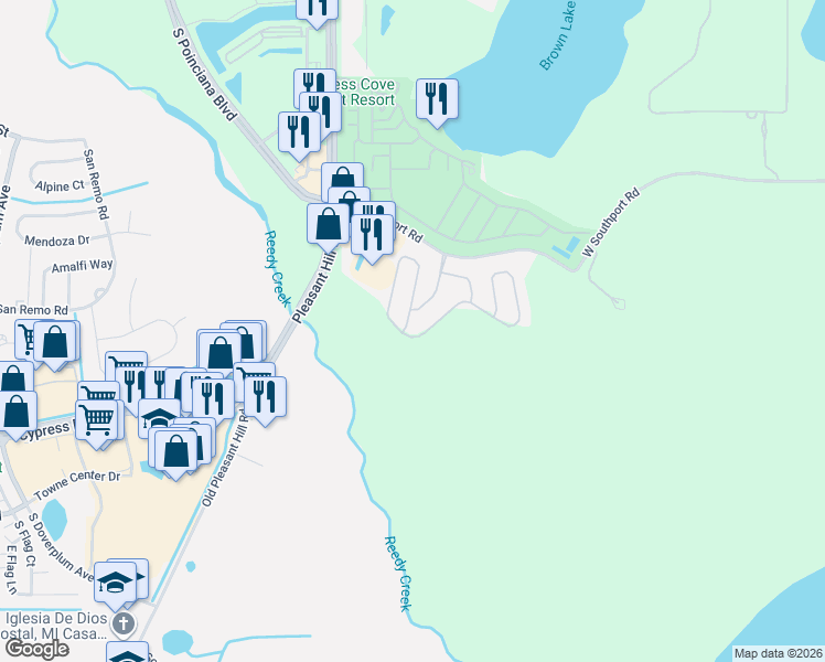 map of restaurants, bars, coffee shops, grocery stores, and more near 4619 Southport Bay Drive in Kissimmee