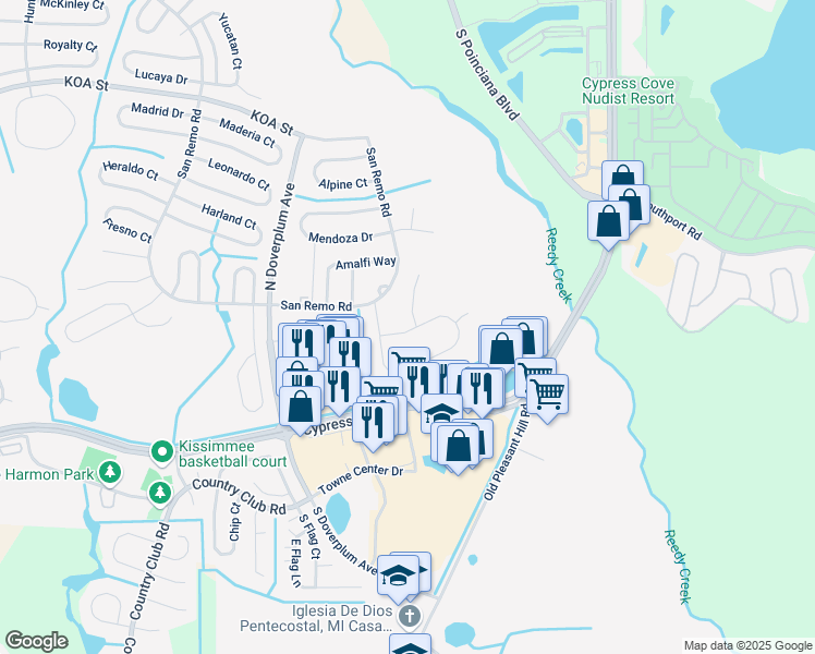 map of restaurants, bars, coffee shops, grocery stores, and more near 106 Cassino Way in Kissimmee