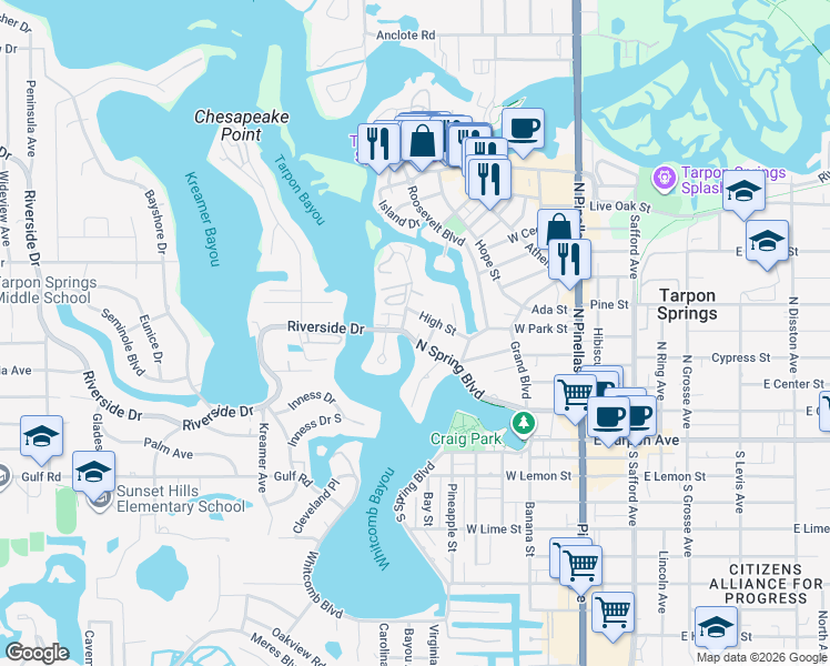 map of restaurants, bars, coffee shops, grocery stores, and more near 308 High Street in Tarpon Springs
