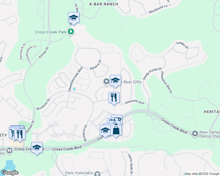 map of restaurants, bars, coffee shops, grocery stores, and more near 18234 Collridge Drive in Tampa