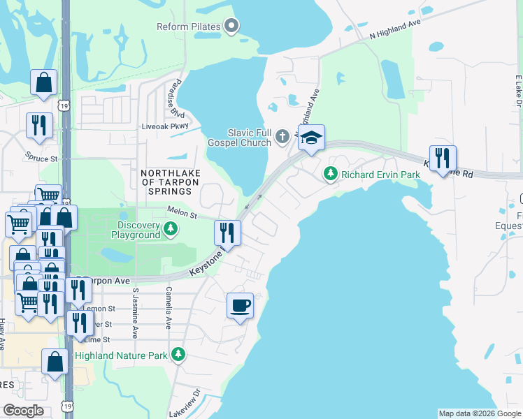 map of restaurants, bars, coffee shops, grocery stores, and more near 1467 Keystone Ridge Circle in Tarpon Springs