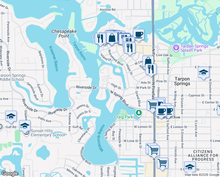 map of restaurants, bars, coffee shops, grocery stores, and more near 308 High Street in Tarpon Springs