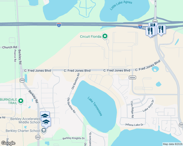 map of restaurants, bars, coffee shops, grocery stores, and more near 445-575 C. Fred Jones Boulevard in Auburndale