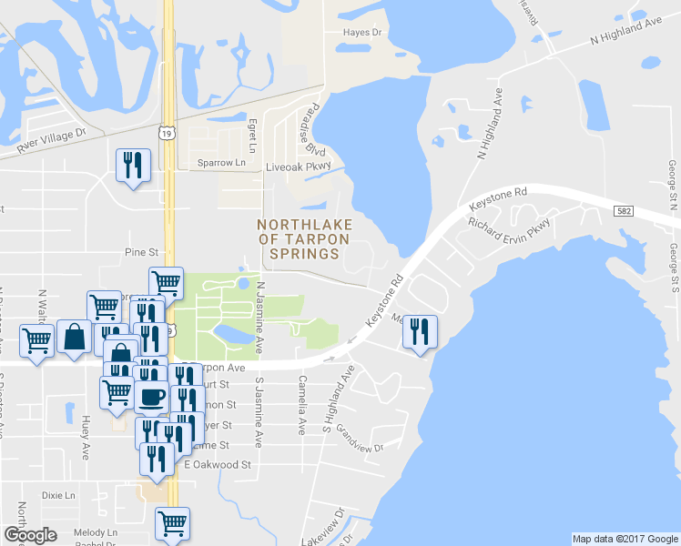 map of restaurants, bars, coffee shops, grocery stores, and more near 660 Spring Lake Circle in Tarpon Springs