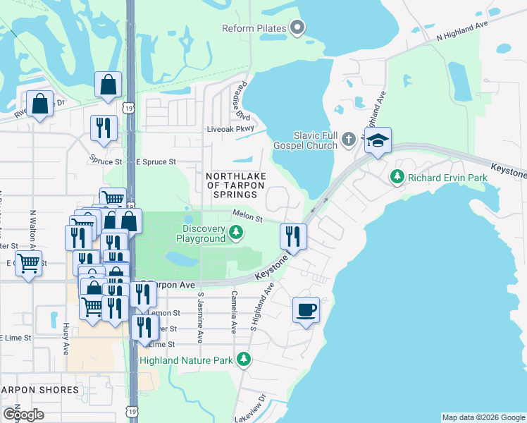 map of restaurants, bars, coffee shops, grocery stores, and more near 660 Spring Lake Circle in Tarpon Springs