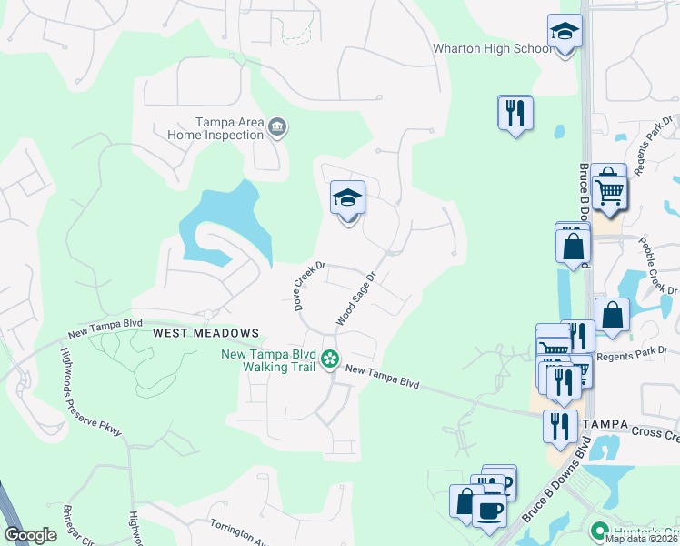 map of restaurants, bars, coffee shops, grocery stores, and more near 19160 Dove Creek Drive in Tampa