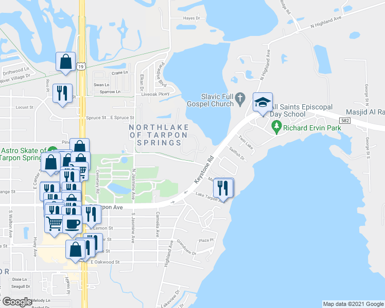 map of restaurants, bars, coffee shops, grocery stores, and more near 519 Spring Lake Circle in Tarpon Springs