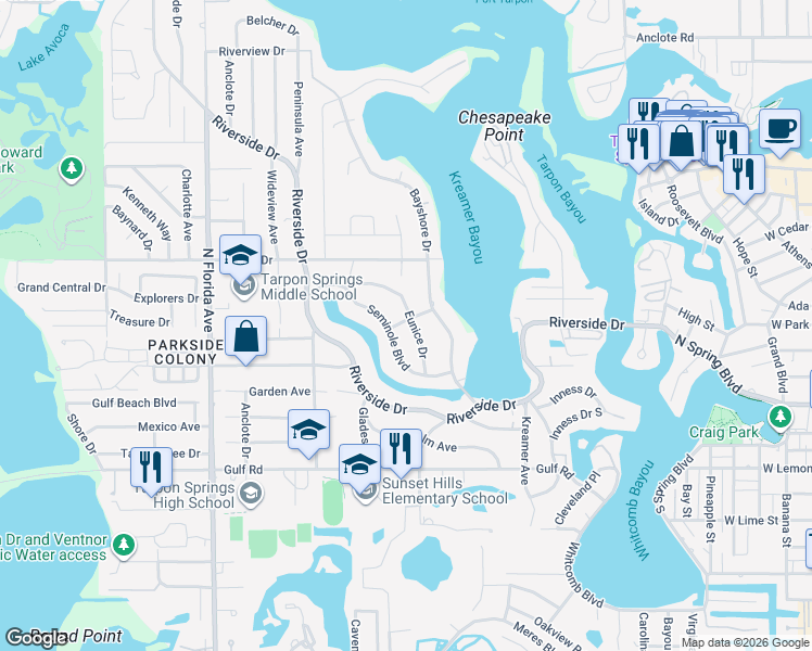 map of restaurants, bars, coffee shops, grocery stores, and more near 641 Bayshore Drive in Tarpon Springs