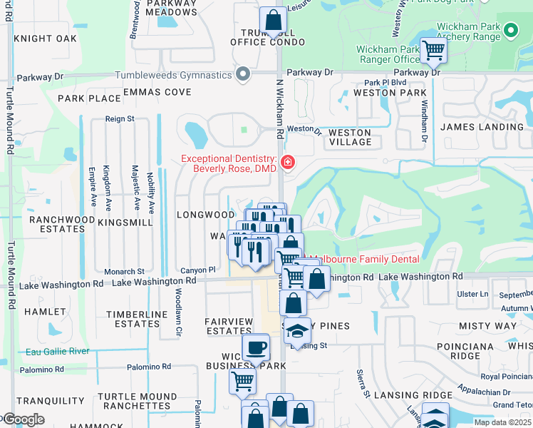 map of restaurants, bars, coffee shops, grocery stores, and more near 54 Trinidad Circle in Melbourne