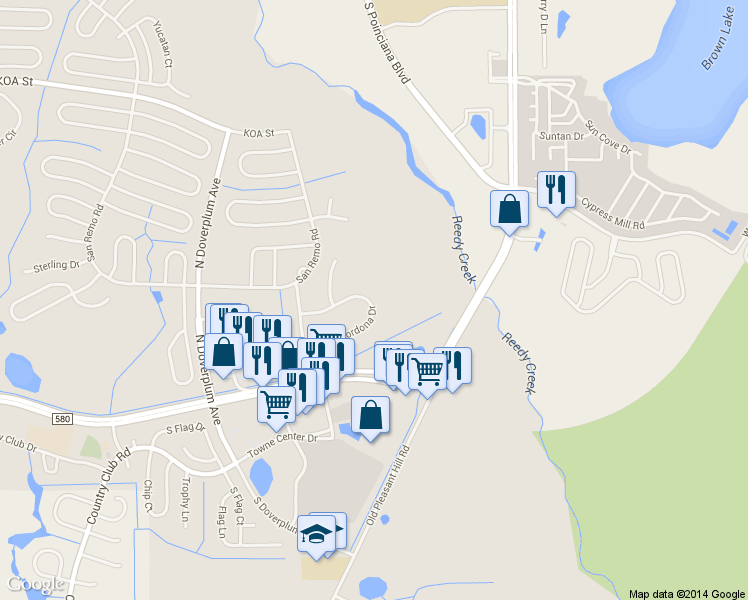 map of restaurants, bars, coffee shops, grocery stores, and more near 50 Cordona Drive in Kissimmee