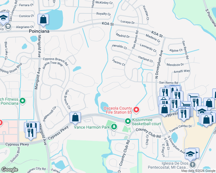 map of restaurants, bars, coffee shops, grocery stores, and more near 666 Regency Way in Poinciana