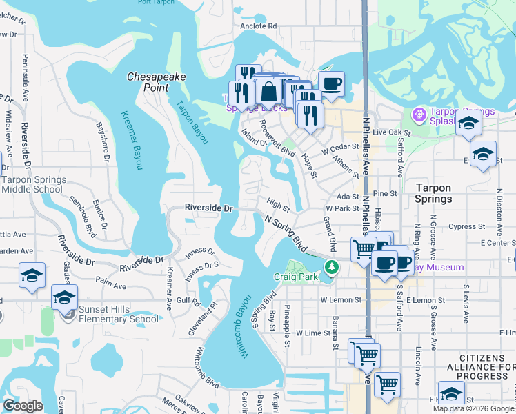 map of restaurants, bars, coffee shops, grocery stores, and more near 350 North Spring Boulevard in Tarpon Springs
