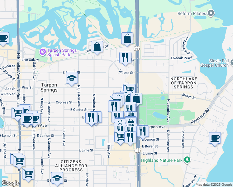 map of restaurants, bars, coffee shops, grocery stores, and more near 825 Cypress Street in Tarpon Springs