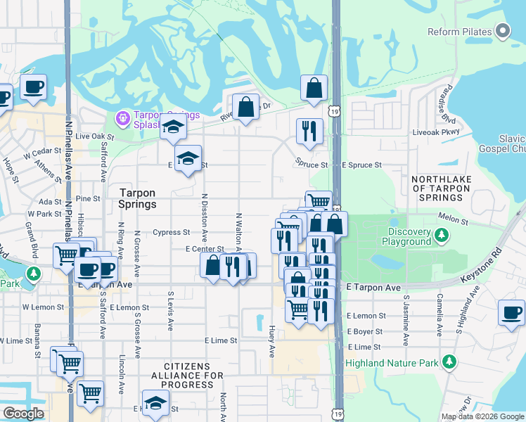 map of restaurants, bars, coffee shops, grocery stores, and more near 723 Pent Street in Tarpon Springs