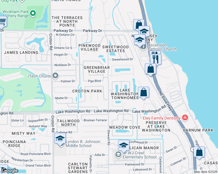 map of restaurants, bars, coffee shops, grocery stores, and more near 1642 West Shores Road in Melbourne