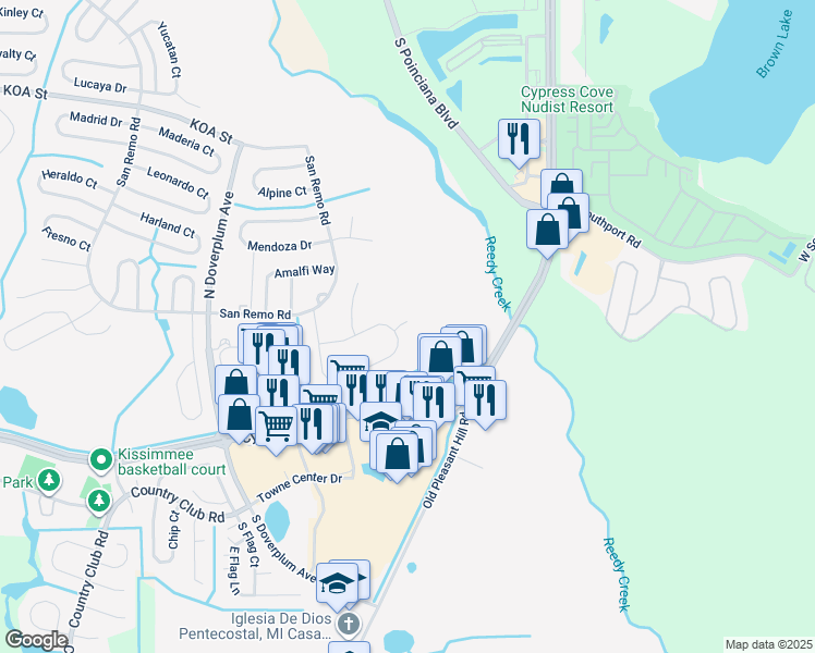 map of restaurants, bars, coffee shops, grocery stores, and more near 50 Cordona Drive in Kissimmee