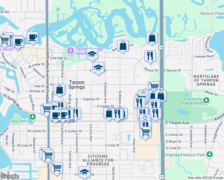 map of restaurants, bars, coffee shops, grocery stores, and more near 616 Pine Street in Tarpon Springs