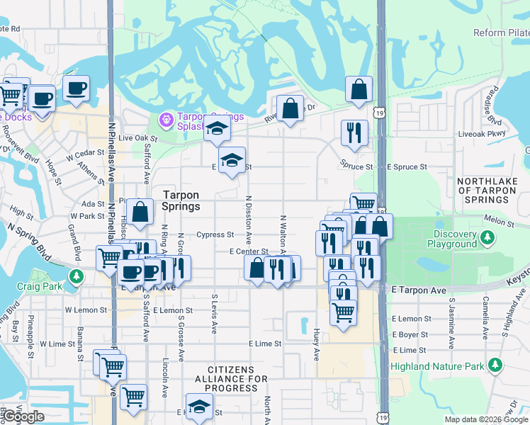 map of restaurants, bars, coffee shops, grocery stores, and more near 616 Pine Street in Tarpon Springs