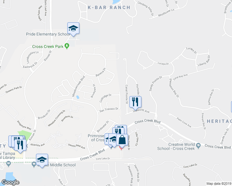 map of restaurants, bars, coffee shops, grocery stores, and more near 18242 Collridge Drive in Tampa