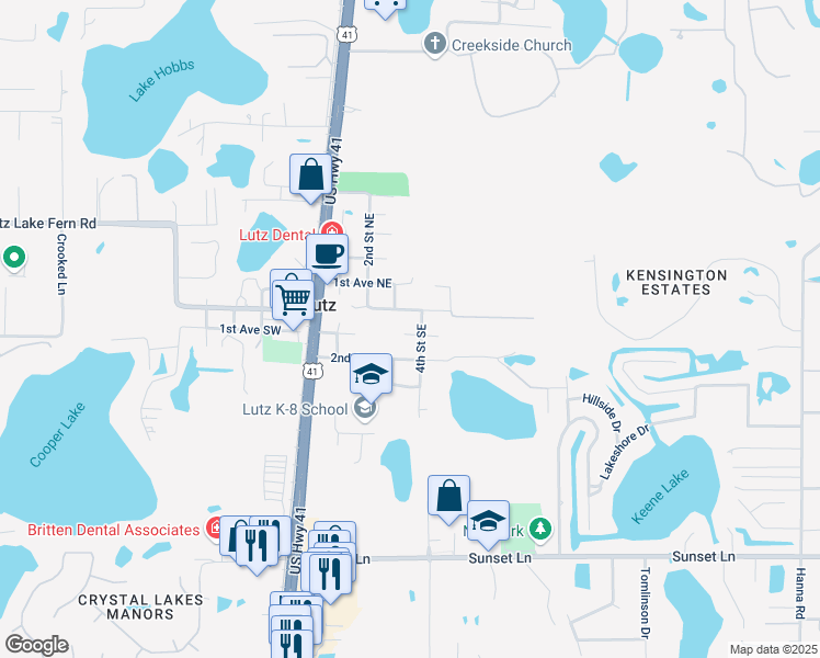 map of restaurants, bars, coffee shops, grocery stores, and more near 304 1st Avenue Southeast in Lutz