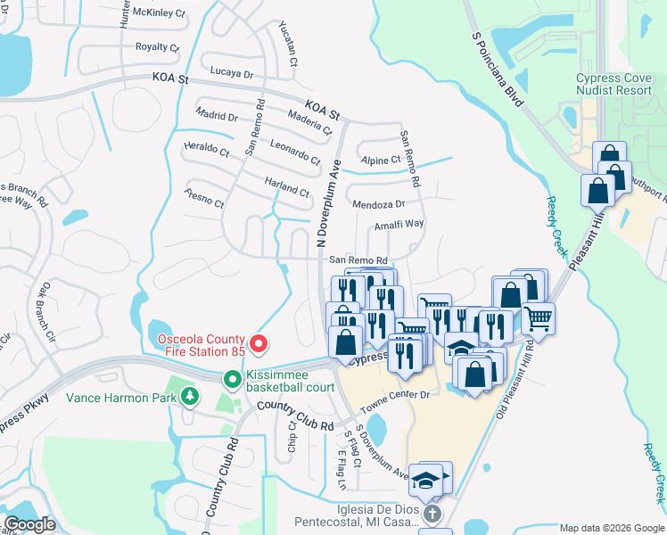 map of restaurants, bars, coffee shops, grocery stores, and more near 801 Rally Drive in Kissimmee